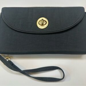 Baggalini Wristlet Black Gray Nylon Gold Hardware Wallet Zip Around Strap NWOT